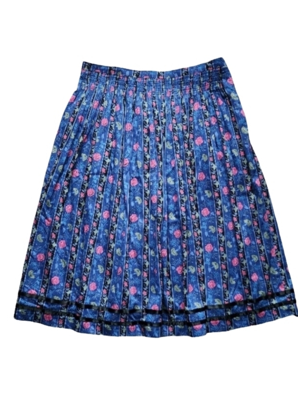 Vintage‎ Alpen Trachten Floral Pleated Skirt Blue Cotton Oktoberfest Medium